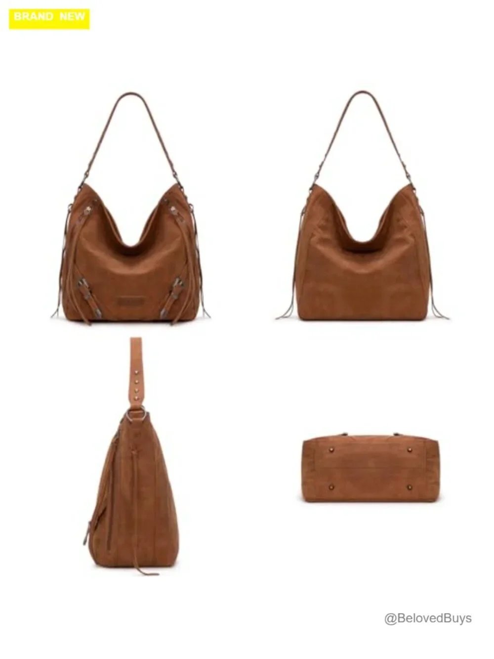 Large Faux Suede Hobo Handbag with Fringe and Buckle Zipper Shoulder Bag